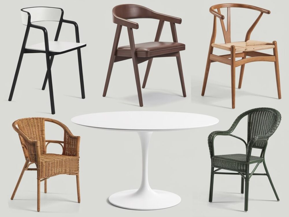 Czarne krzesła z metalowymi nogami przy białym stole w industrialnym wnętrzu